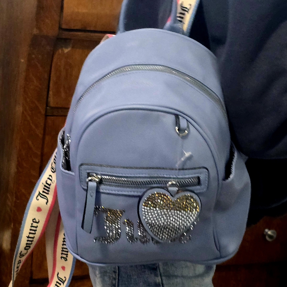 Juicy Couture Blue Leather Backpack with Rhinestone Heart